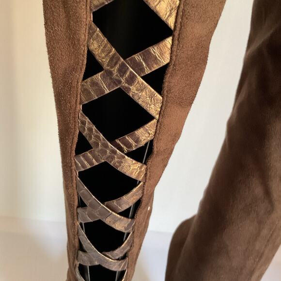 Bebe Brown Suede Over the Knee High Heel Boot with Back Lace-Up Festival Boho 8B - Picture 7 of 10